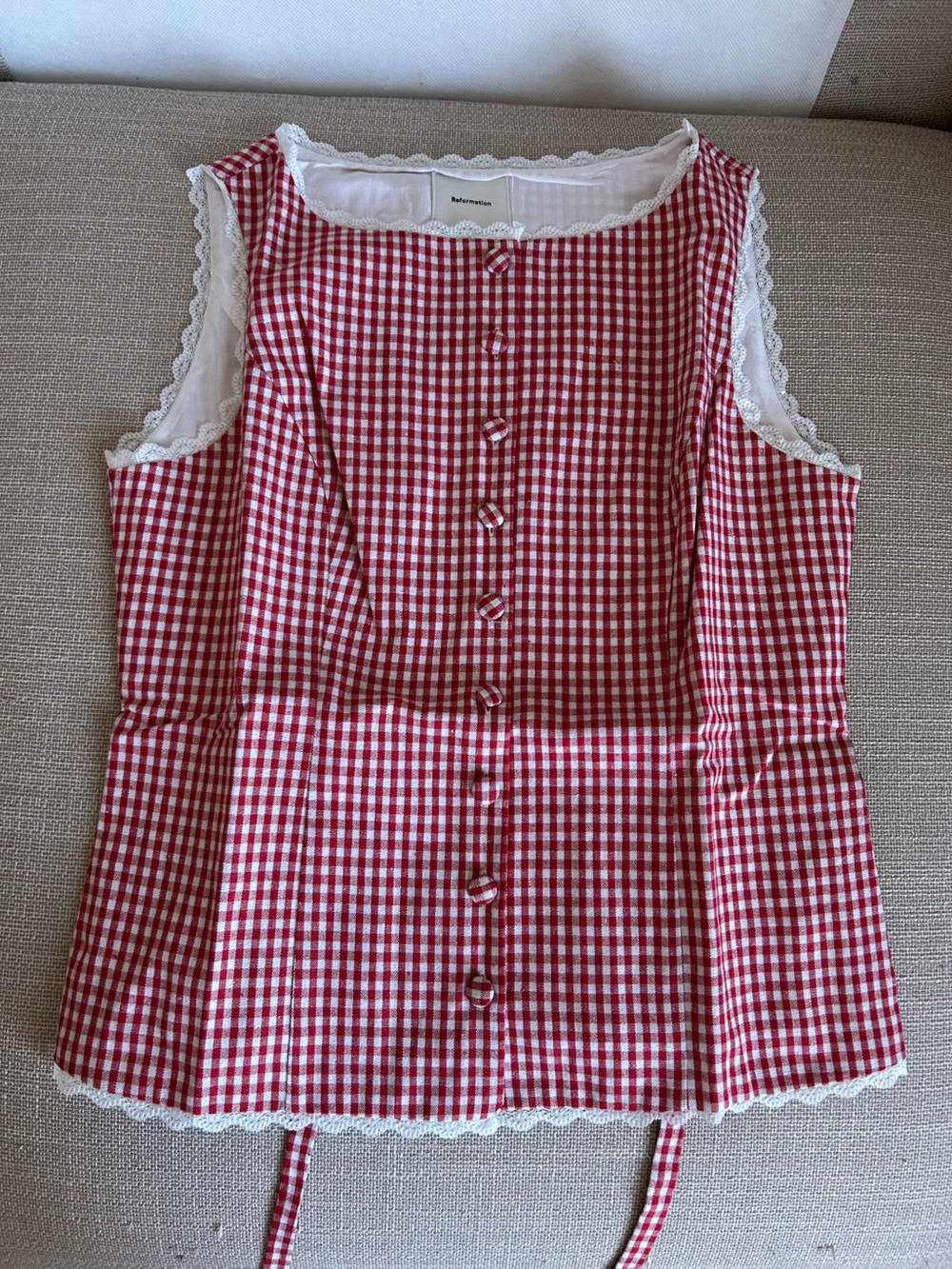 Reformation Amela Linen Top Vest Blouse Tomato Check French - Picture 2 of 7